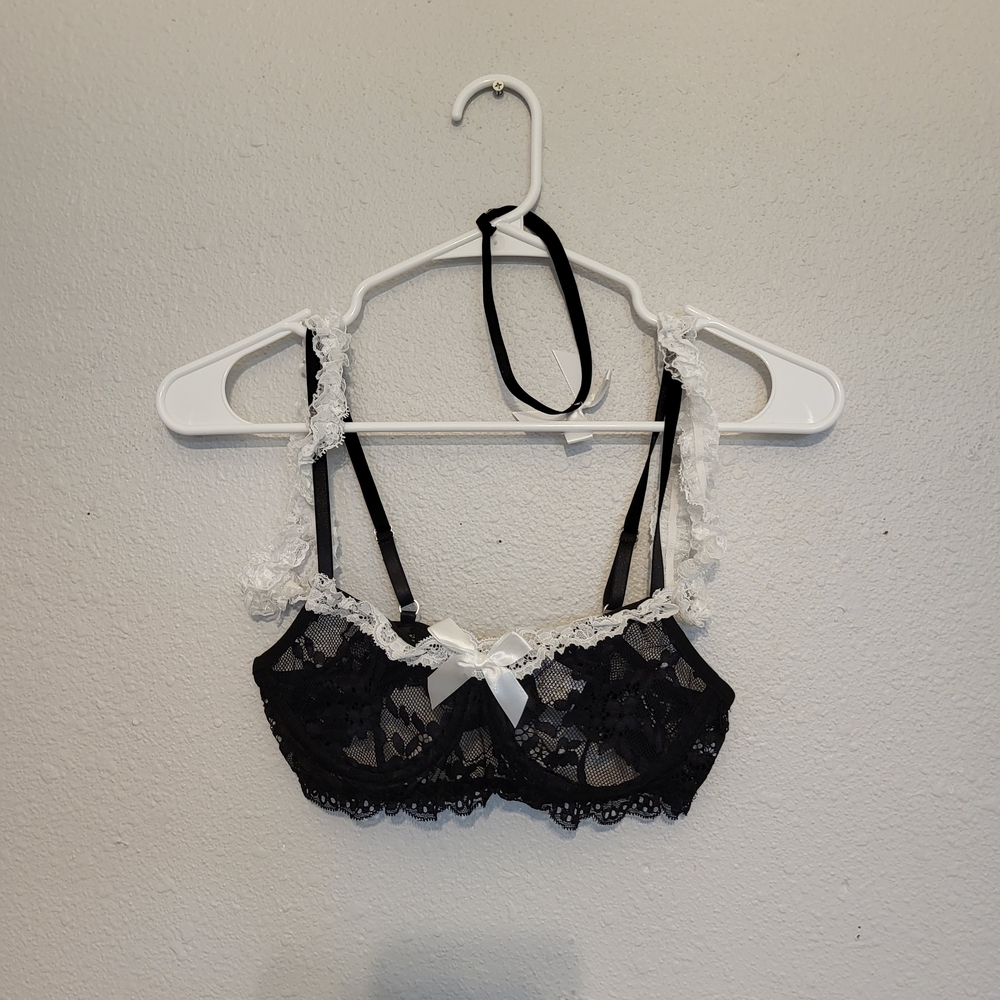 NWOT French Maid Lingerie Black Lace Bralette with White Lace Trim and Bow